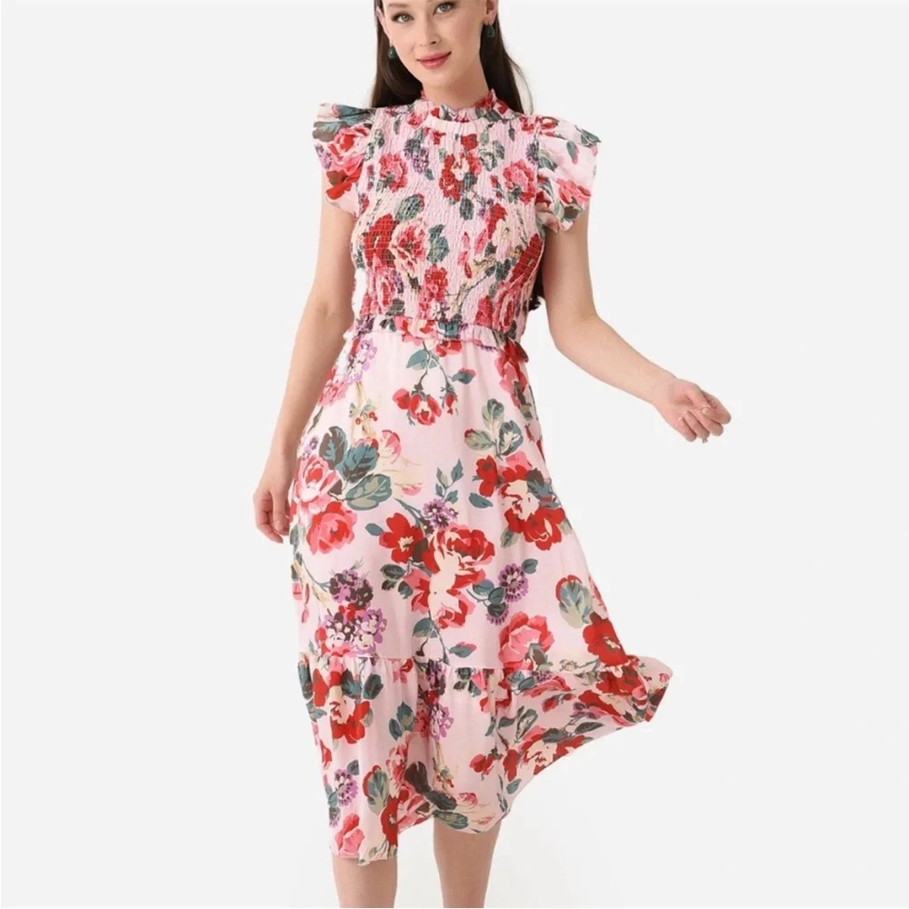Sea New York Lanie Floral Smocked Midi Dress 100% Silk Pink floral Size Medium M - Picture 1 of 7